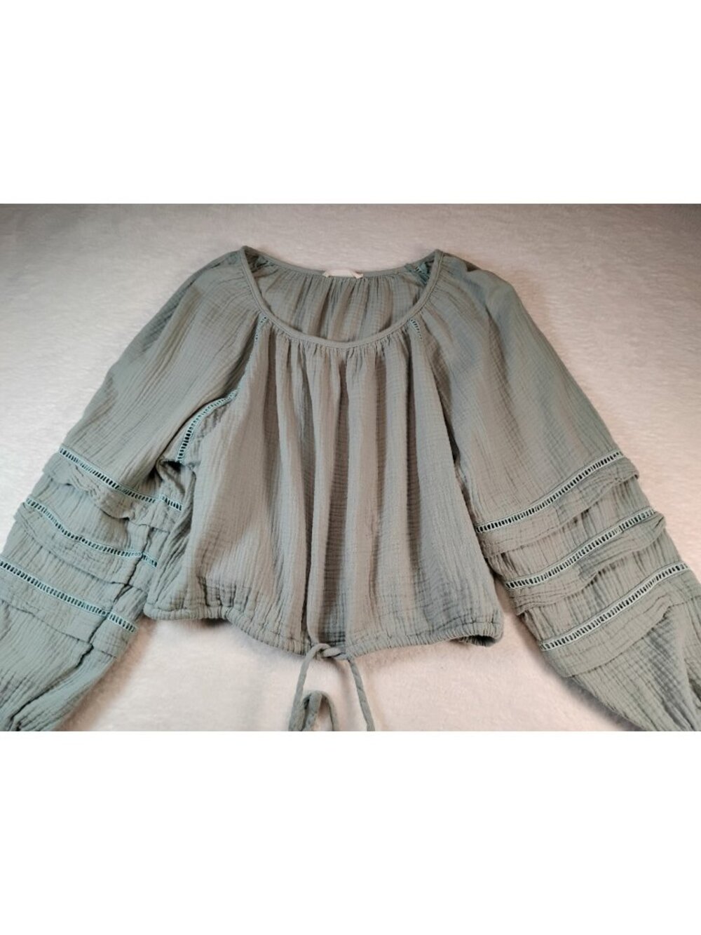 Illa Illa Cotton Gauze Crop Blouse Boho Puff Sleeve Peasant Crochet Size S Sage